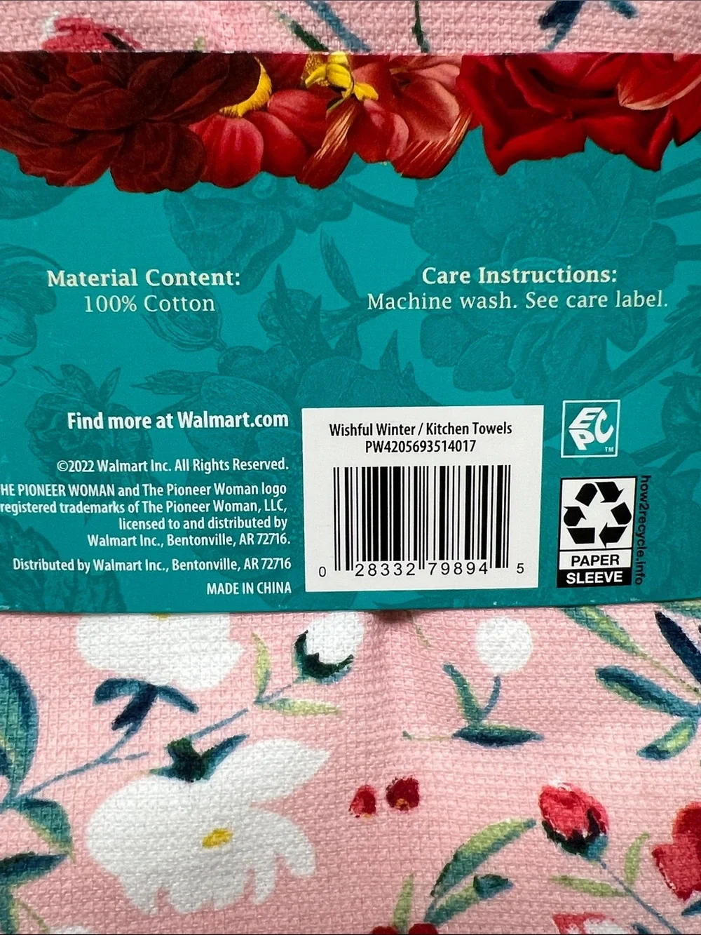 The Pioneer Woman Blue, Teal, Red Floral & Script Kitchen Towels Wishful Winter